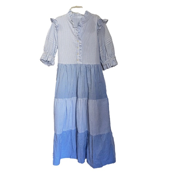 Blue White Seersucker Gingham Ruffle Tiered Prairie Cottagecore Maxi Dress S/M - Picture 5 of 16